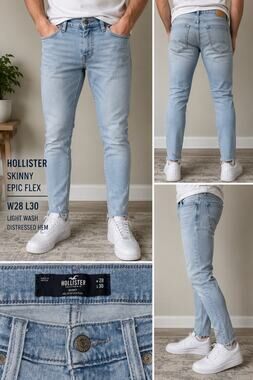 Hollister Epic Flex Skinny Jeans Mens 28x30 Light Wash Stretch Distressed Hem